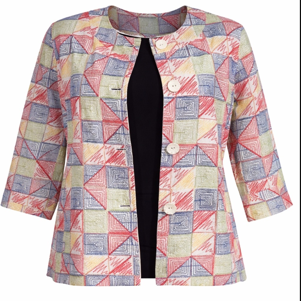 Coldwater Creek Embroidered Jacket 18W Boho Artsy Geometric Cotton Blazer Chic